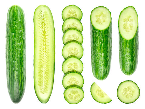 Collection of fresh green cucumbers isolated on white