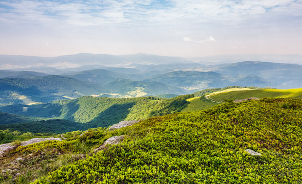 beautiful landscape of Carpathian mountains. rolling hill with huge boulders among the green grass in summrtime