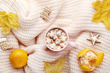 Cup of coffee with marshmallow, mandarins and gingerbread cookies on knitted plaid