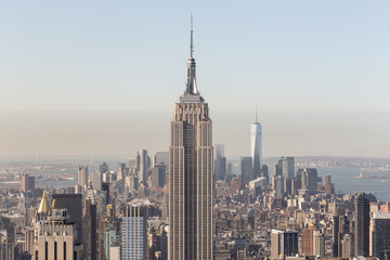 Panoramic view of New York City. Manhattan downtown skyline with Empire State Building and skyscrapers.