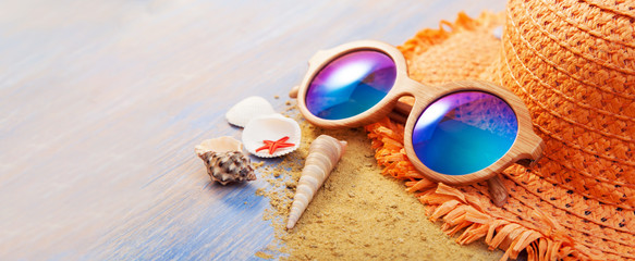 beach accessories glasses hat cockleshells