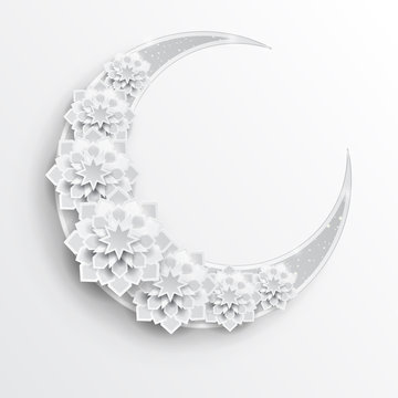 Paper graphic of islamic crescent moon, star shape. Islamic decoration. Ramadan Kareem - glorious month of Muslim year. Modern 3d paper cut concept