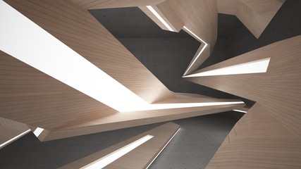 Fototapeta premium Abstract concrete and wood parametric interior with neon lighting. 3D illustration and rendering.