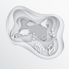 Paper underwater sea cave with fishes, coral reef, seabed in algae. Paper cut deep style vector.  Deep blue marine life, diving concept. Ocean wildlife