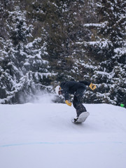 People are having fun in downhill skiing and snowboarding
