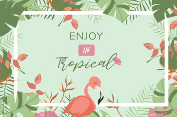 Green tropical greeting card with palm, coconut tree,hibiscus,flamingo and flower