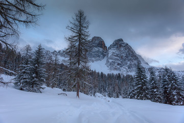 Fototapeta na wymiar Panorama of the mount Pelmo norhtern slope after a snowfall, Dolomites, Italy