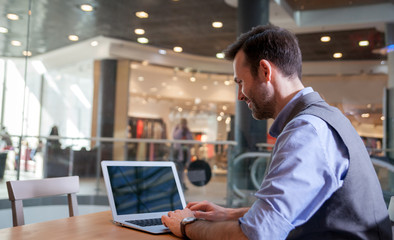 Handsome man using laptop visible screen, modern interior