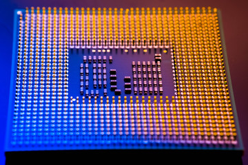 technology cyber electronic concept. cpu ram computer on blue light background