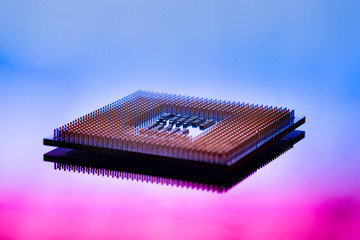 technology cyber electronic concept. cpu ram computer on blue light background