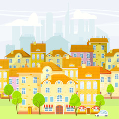 Cute cityscape, beautiful houses, old and modern, cartoon style, isolated, vector, illustration