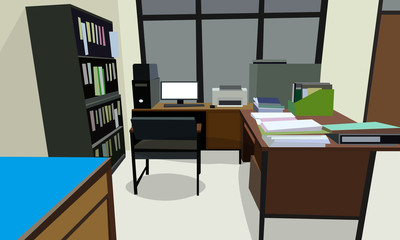 room office workplace design interior with cabinet, table chair book, bookcase and wall Cream color. vector illustration