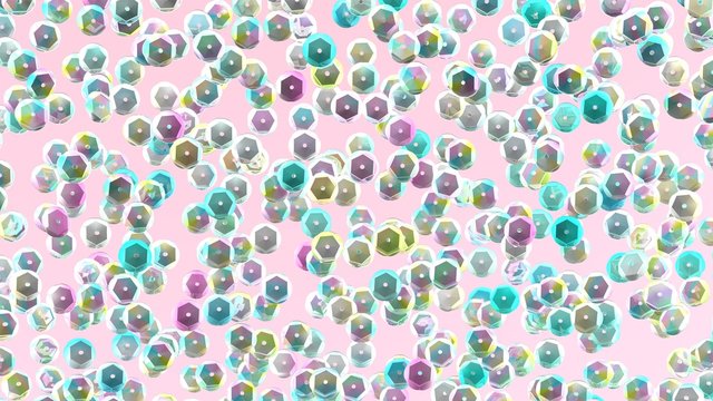 Sequins on pink background. Holographic sequin. Rhinestones. 3d illustration. Fashion backdrop. Embroidery. Rainbow sparkles. Glitter. Digital image.