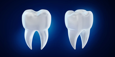 Dental background. 3d illustration. 3d render tooth fang on blue background