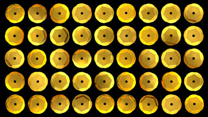 Fototapeta premium Sequins set isolated on black. Rhinestones collection. Beads. Simple 3d illustration. Fashion embroidery. Sequin fabric design. Golden sparkles. Glitter. Digital image.
