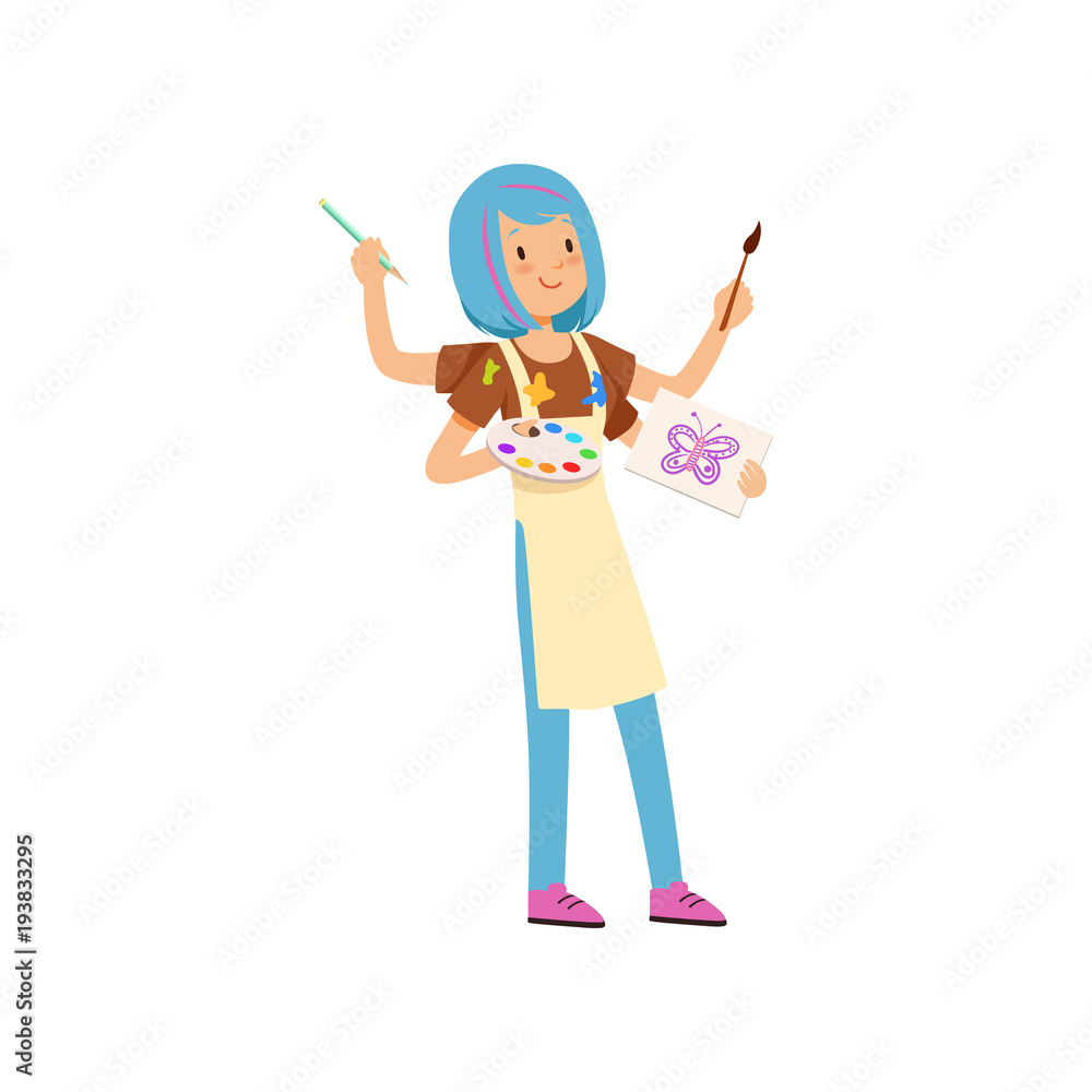 Sticker Multitasking artist character, girl with blue hairs with many hands holding palette and paintbrushes vector Illustration on a white background