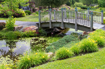 Arched Wooden Bridge Over Lily Pond in Garden
