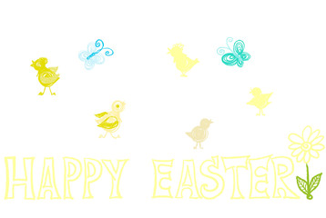 Colorful hand drawn bright chics and transparent letters as phrase Happy Easter on white background, isolated cartoon illustration for Easter painted by pastel, paper pencil chalk, high quality