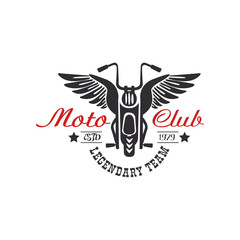 Moto club logo, legendary team, estd 1979, design element for motor or biker club, motorcycle repair shop, print for clothing vector Illustration on a white background