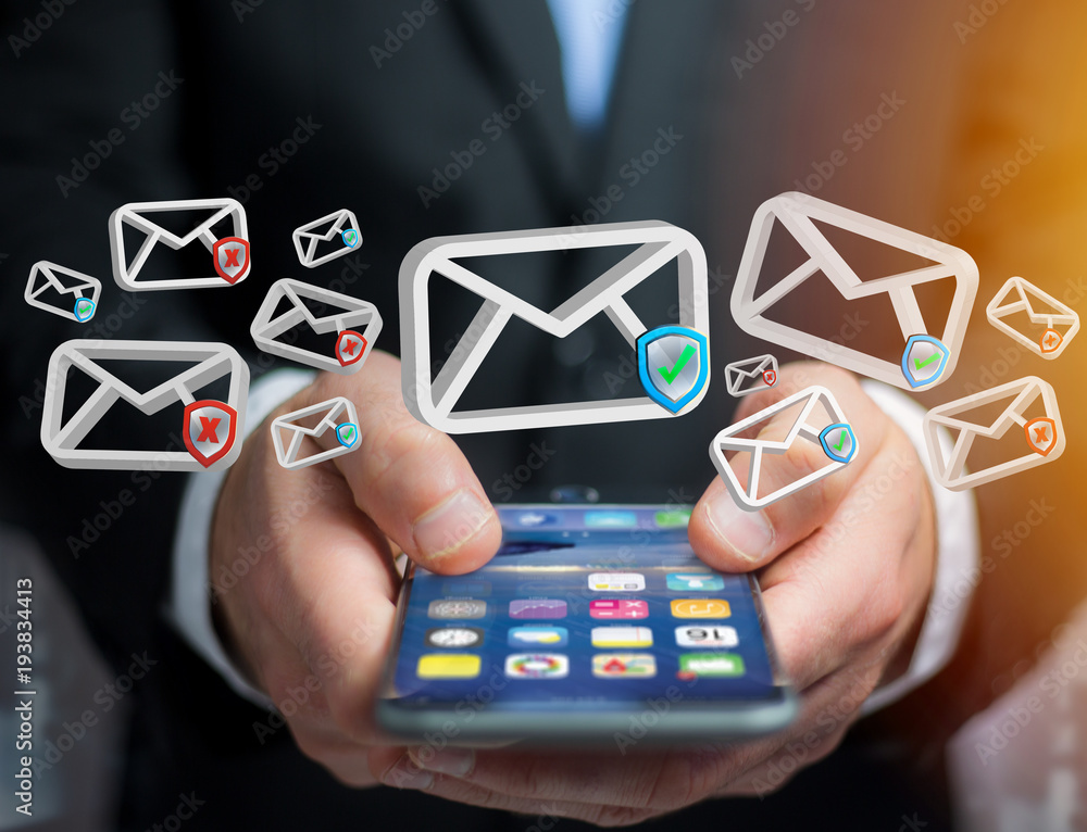 Poster approved email and spam message displayed on a futuristic interface - message and internet concept