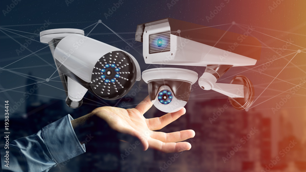 Poster businessman holding a security camera system and network connection - 3d rendering