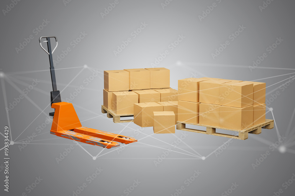 Poster pallet truck and carboxes with network connection system - 3d render