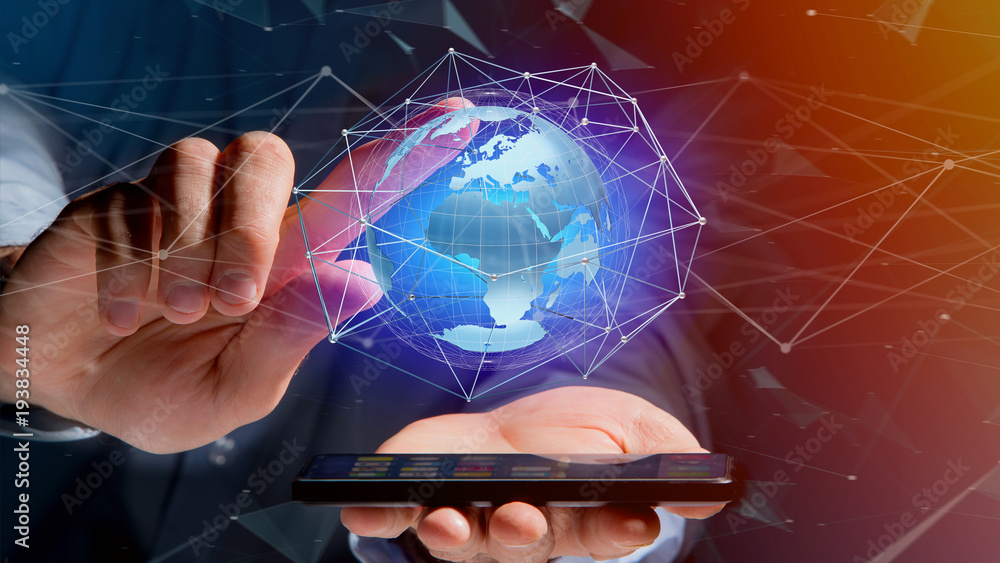 Poster businessman using smartphone with a connected network over a earth globe concept on a futuristic int