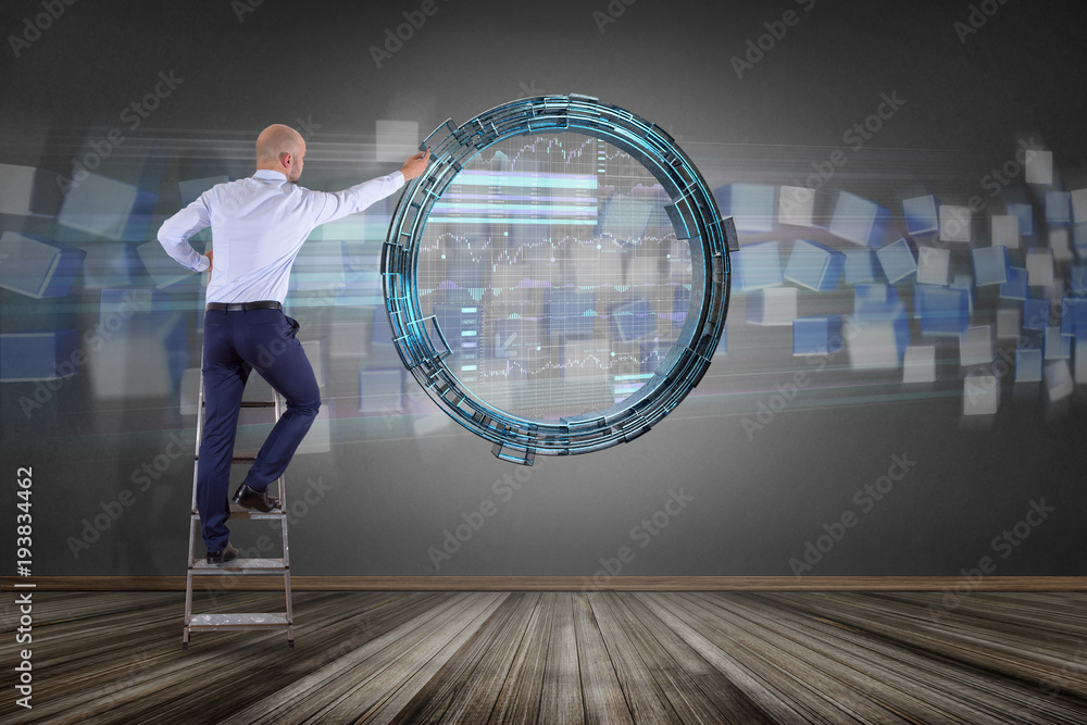 Poster hologram made of wheel with a futuristic finance data interface - 3d render