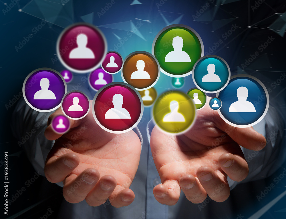 Poster group of contact icon displayed on a technology interface background - network and communication con