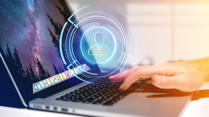 Businessman holding a Shinny technologic network contact button  - 3d render