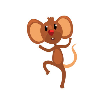 Cute brown happy mouse jumping, funny rodent character cartoon vector Illustration isolated on a white background