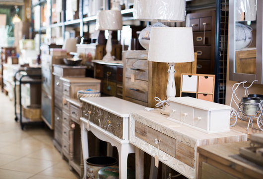 Vintage furniture and home design objects in shop