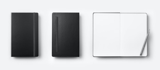 Business concept - Top view collection of black fly black notebook front, back and white open page, ballpoint pen isolated on background for mockup