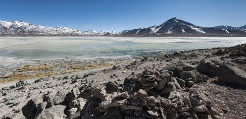 Laguna Blanca (White lagoon) and Licancabur volcano, Bolivia. Beautiful bolivian panorama.