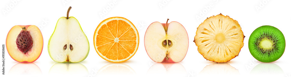 Poster isolated fruits halves. cut peach, pear, orange, apple, pineapple and kiwi in a row isolated on whit