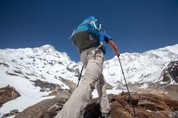 Trekker on the way to Annapurna base camp, Nepal