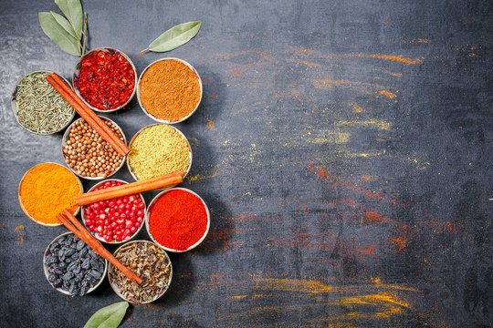  Group of indian spices with top view and copy space for design foods, vegetable, spices, herbs or other your content