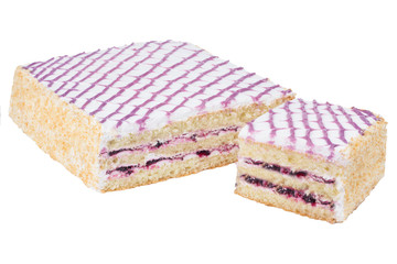 Delicious creamy biscuit cake on a white background