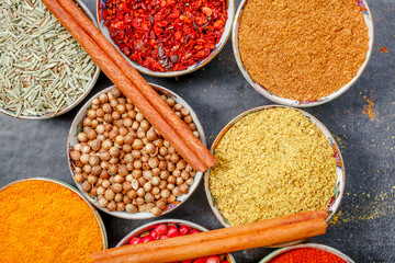 Closeup of asian spice powders cooking ingredients