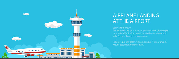 Banner of Arrivals Plane at the Airport, Control Tower and Airplane on the Background of the City, Travel and Tourism Concept , Passenger Air Transportation, Vector Illustration