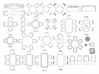 Top view of set furniture elements outline symbol for dining room, cafe, restaurant and living room. Interior icon chair, table and sofa.