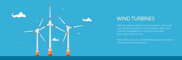 Banner with Offshore Wind Farm ,Horizontal Axis Wind Turbines in the Sea off the Coast, Vector Illustration © serz72