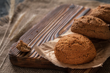 Oatmeal cookies closeup, morning breakfast, still life with bisc
