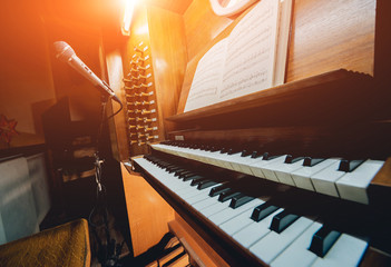 historic pipe organ at a church. Appearance