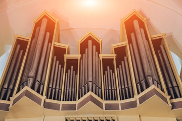 historic pipe organ at a church. Appearance