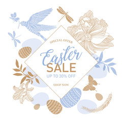 Fototapeta premium Easter Sale templates with eggs, flowers, rabbit, dove and typographic design. Can be used for greeting cards, banners, invitations, sales and festive events. Vector illustration.