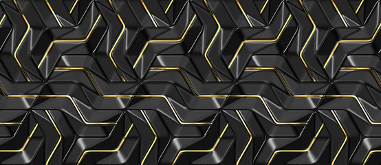 3D Wallpapers black panels with golden metal decor. Modern geometric modules. High quality seamless realistic texture. M-size.