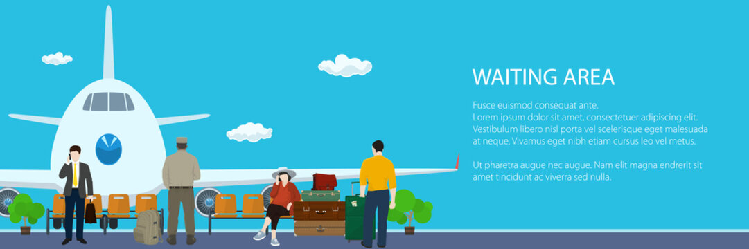 Banner of Waiting Room with People, View on Airplane through the Window from a Waiting Room at the Airport , Passenger Air Transportation, Flat Design, Vector Illustration