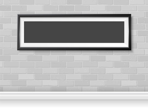Frame on grey bricks wall mock up vector horizontal black