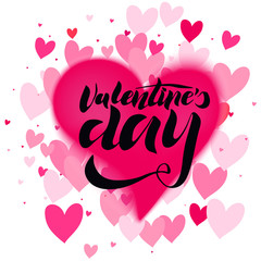 Valentines day calligraphy text with painted hearts for greeting card or banner. Vector holiday illustration. Valentines day.